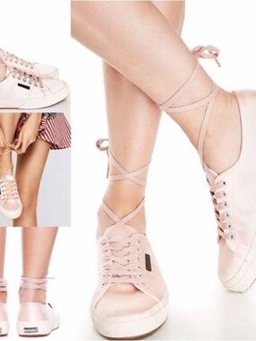Superga x maneater Pale Pink Satin Lace-Up Sneakers with Wraparound laces
